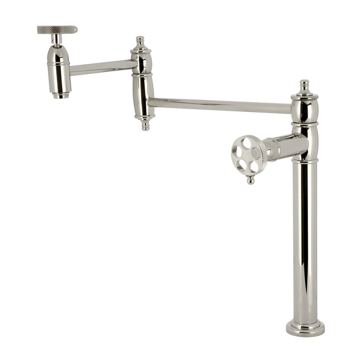 Kingston Tulare KS3706RKX - Webb Two-Handle 1-Hole Deck Mount Pot Filler Faucet with Knurled Handle, Polished Nickel