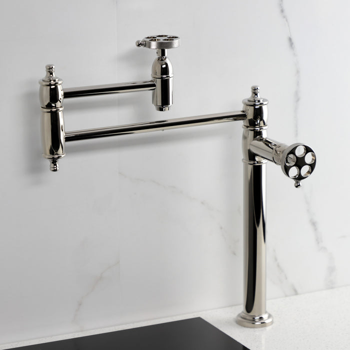Kingston Tulare KS3706RKZ - Wendell Two-Handle 1-Hole Deck Mount Pot Filler Faucet with Knurled Handle, Polished Nickel