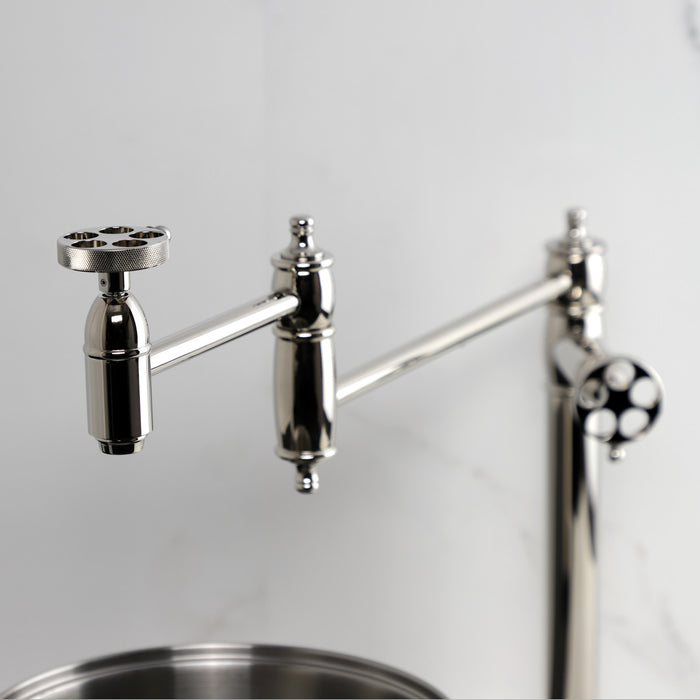 Kingston Tulare KS3706RKZ - Wendell Two-Handle 1-Hole Deck Mount Pot Filler Faucet with Knurled Handle, Polished Nickel