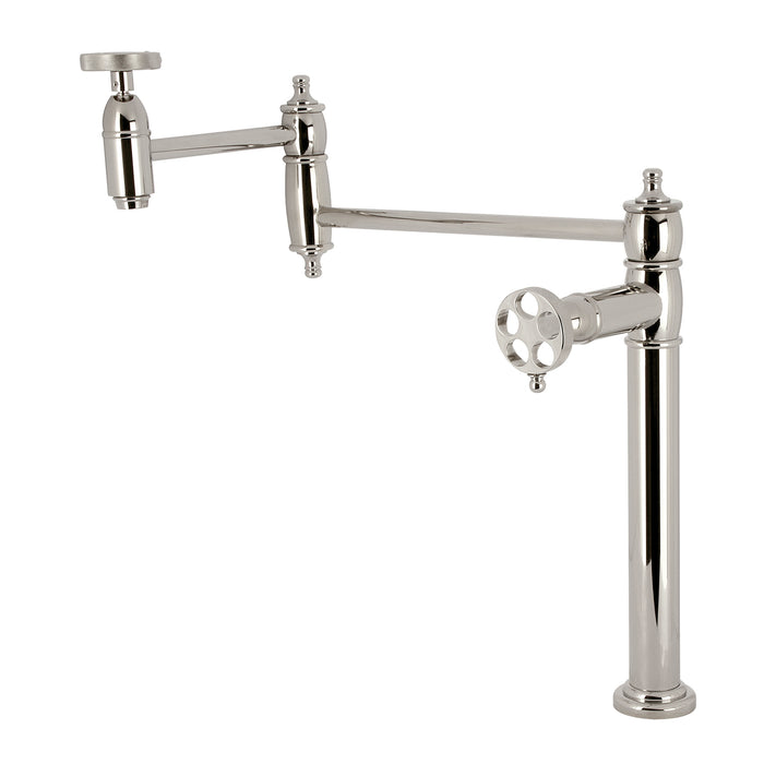 Kingston Tulare KS3706RKZ - Wendell Two-Handle 1-Hole Deck Mount Pot Filler Faucet with Knurled Handle, Polished Nickel