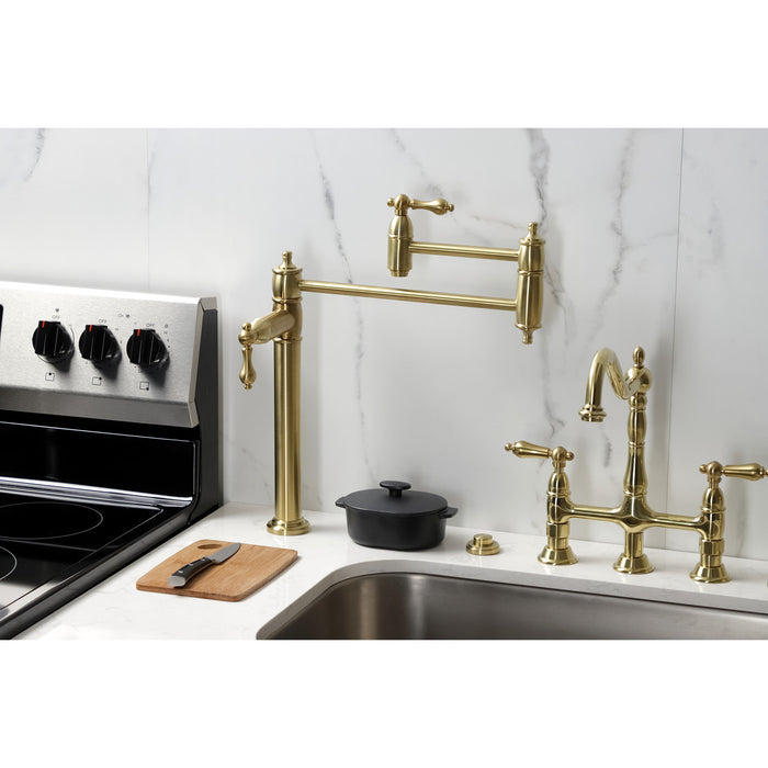 Kingston Heirloom KS3707AL - Restoration Two-Handle 1-Hole Deck Mount Pot Filler Faucet, Brushed Brass
