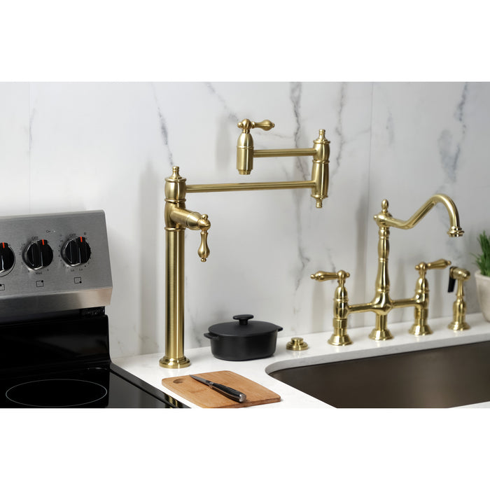 Kingston Heirloom KS3707AL - Restoration Two-Handle 1-Hole Deck Mount Pot Filler Faucet, Brushed Brass