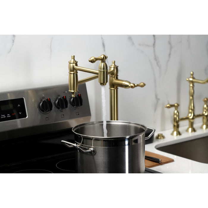 Kingston Heirloom KS3707AL - Restoration Two-Handle 1-Hole Deck Mount Pot Filler Faucet, Brushed Brass