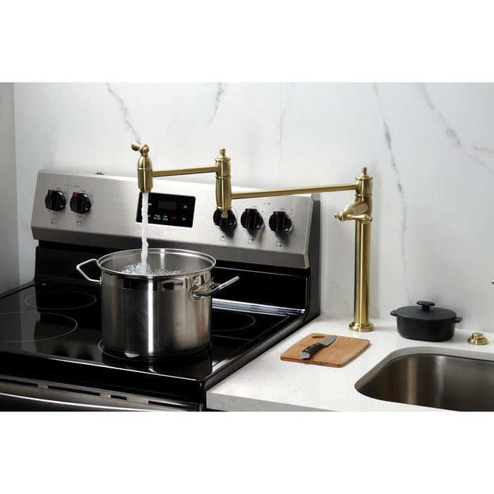 Kingston Heirloom KS3707AL - Restoration Two-Handle 1-Hole Deck Mount Pot Filler Faucet, Brushed Brass
