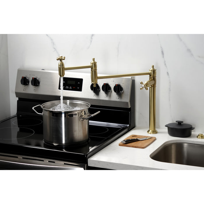 Kingston Heirloom KS3707AX - Restoration Two-Handle 1-Hole Deck Mount Pot Filler Faucet, Brushed Brass