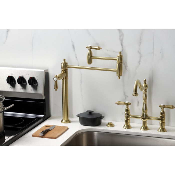 Kingston Heirloom KS3707BAL - Heirloom Two-Handle 1-Hole Deck Mount Pot Filler Faucet, Brushed Brass