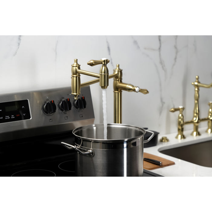 Kingston Heirloom KS3707BAL - Heirloom Two-Handle 1-Hole Deck Mount Pot Filler Faucet, Brushed Brass