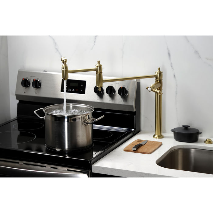 Kingston Heirloom KS3707BAL - Heirloom Two-Handle 1-Hole Deck Mount Pot Filler Faucet, Brushed Brass