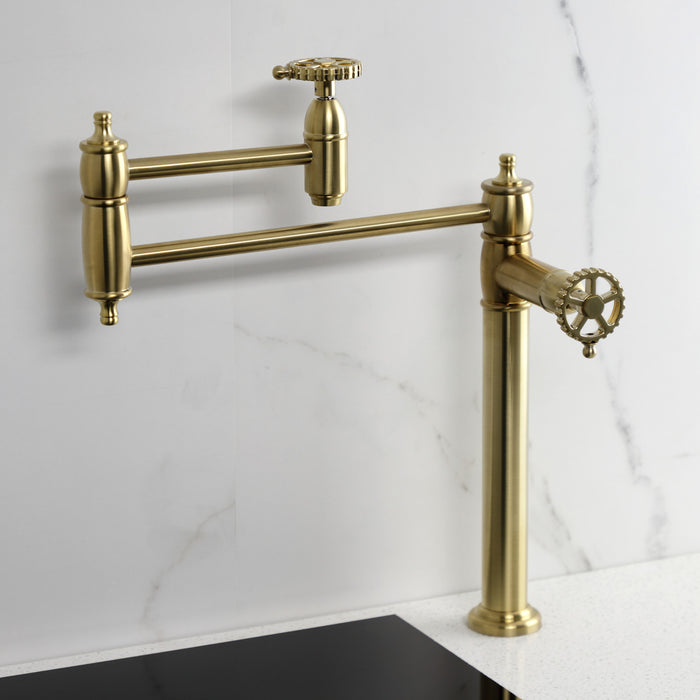 Kingston Tulare KS3707CG - Fuller Two-Handle 1-Hole Deck Mount Pot Filler Faucet, Brushed Brass