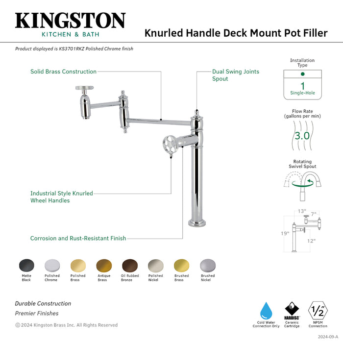 Kingston Tulare KS3707RKZ - Wendell Two-Handle 1-Hole Deck Mount Pot Filler Faucet with Knurled Handle, Brushed Brass