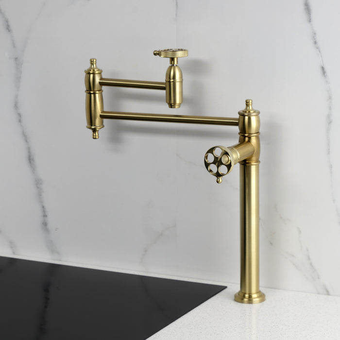 Kingston Tulare KS3707RKZ - Wendell Two-Handle 1-Hole Deck Mount Pot Filler Faucet with Knurled Handle, Brushed Brass