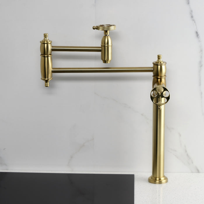 Wendell KS3707RKZ Two-Handle 1-Hole Deck Mount Pot Filler Faucet with Knurled Handle, Brushed Brass