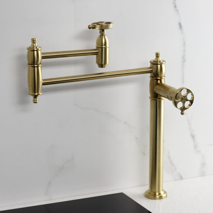 Wendell KS3707RKZ Two-Handle 1-Hole Deck Mount Pot Filler Faucet with Knurled Handle, Brushed Brass