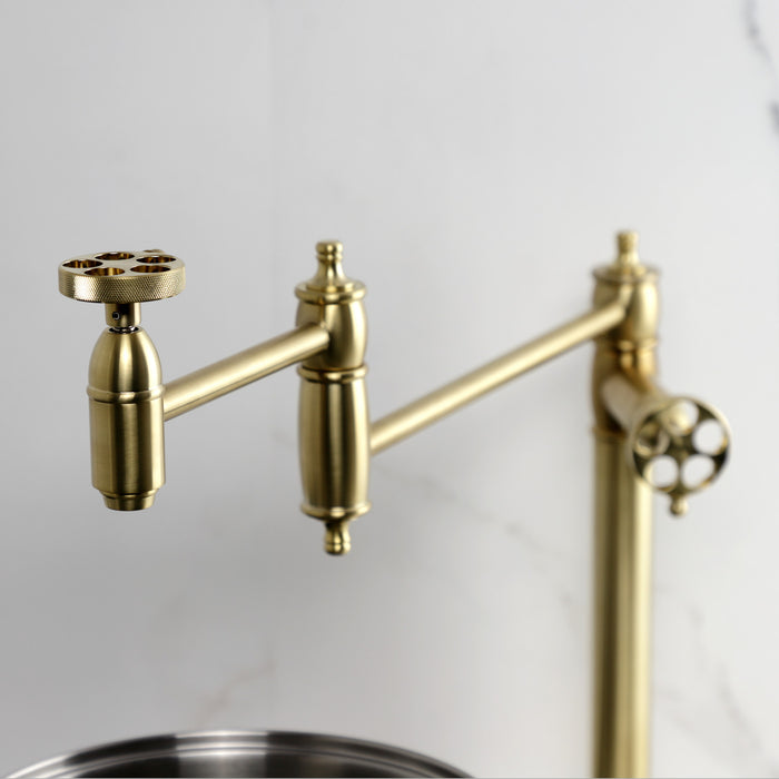 Wendell KS3707RKZ Two-Handle 1-Hole Deck Mount Pot Filler Faucet with Knurled Handle, Brushed Brass