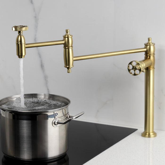Wendell KS3707RKZ Two-Handle 1-Hole Deck Mount Pot Filler Faucet with Knurled Handle, Brushed Brass