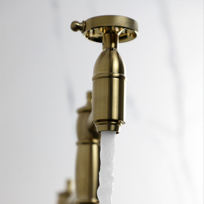 Wendell KS3707RKZ Two-Handle 1-Hole Deck Mount Pot Filler Faucet with Knurled Handle, Brushed Brass