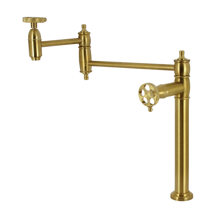 Kingston Tulare KS3707RKZ - Wendell Two-Handle 1-Hole Deck Mount Pot Filler Faucet with Knurled Handle, Brushed Brass