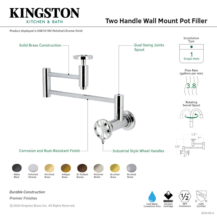 Kingston Tulare KS3707RX - Belknap Two-Handle 1-Hole Deck Mount Pot Filler Faucet, Brushed Brass
