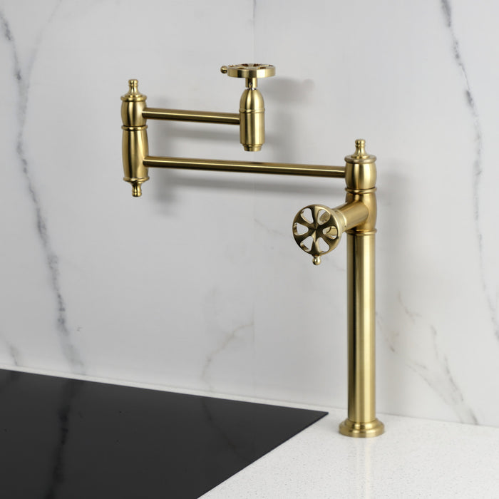 Kingston Tulare KS3707RX - Belknap Two-Handle 1-Hole Deck Mount Pot Filler Faucet, Brushed Brass