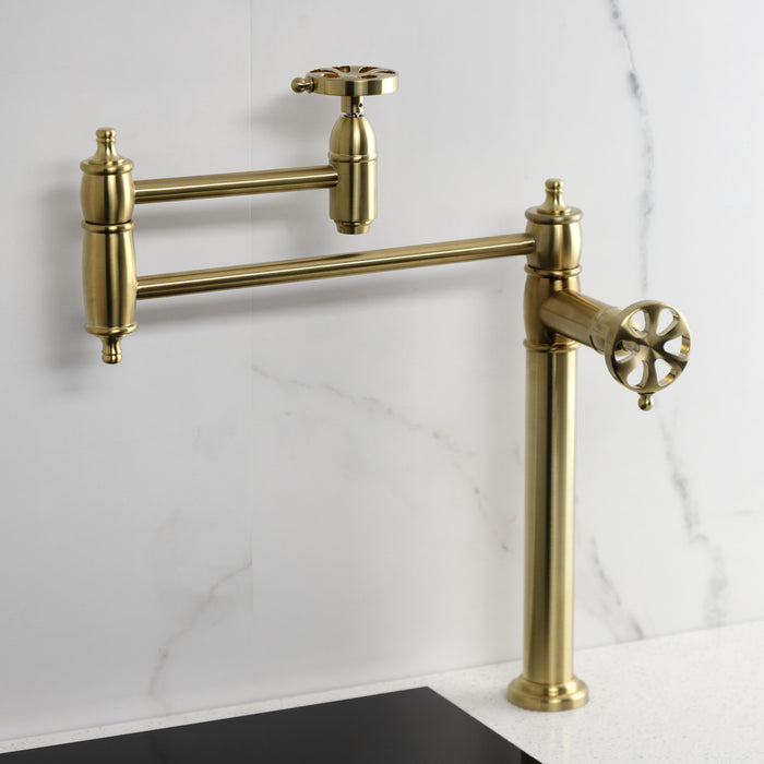 Kingston Tulare KS3707RX - Belknap Two-Handle 1-Hole Deck Mount Pot Filler Faucet, Brushed Brass