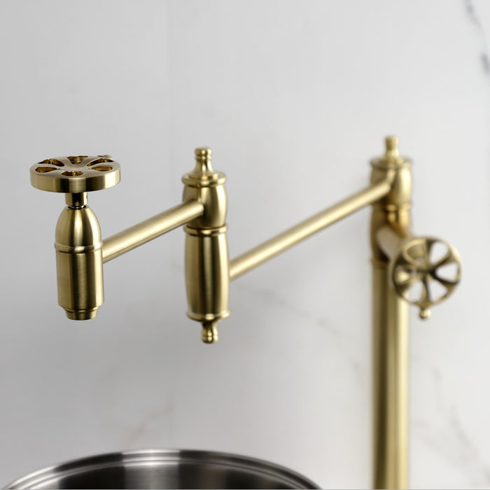 Kingston Tulare KS3707RX - Belknap Two-Handle 1-Hole Deck Mount Pot Filler Faucet, Brushed Brass