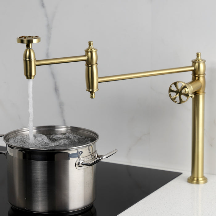Kingston Tulare KS3707RX - Belknap Two-Handle 1-Hole Deck Mount Pot Filler Faucet, Brushed Brass