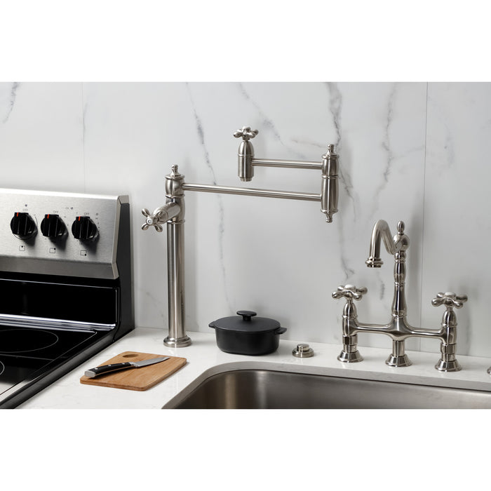 Kingston Heirloom KS3708AX - Restoration Two-Handle 1-Hole Deck Mount Pot Filler Faucet, Brushed Nickel