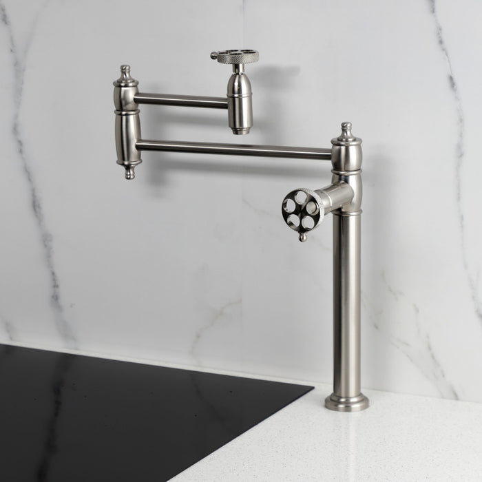 Kingston Tulare KS3708RKX - Webb Two-Handle 1-Hole Deck Mount Pot Filler Faucet with Knurled Handle, Brushed Nickel