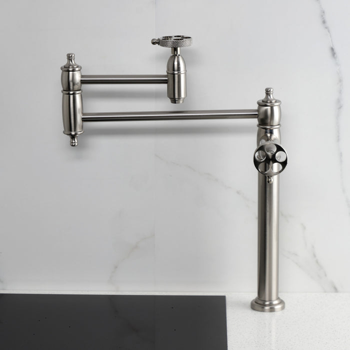 Kingston Tulare KS3708RKX - Webb Two-Handle 1-Hole Deck Mount Pot Filler Faucet with Knurled Handle, Brushed Nickel