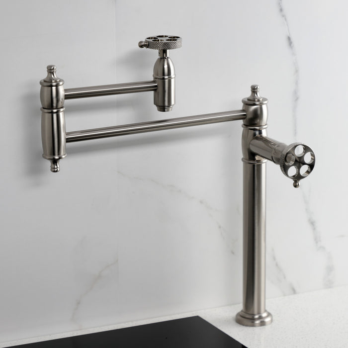 Kingston Tulare KS3708RKX - Webb Two-Handle 1-Hole Deck Mount Pot Filler Faucet with Knurled Handle, Brushed Nickel