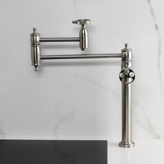 Kingston Tulare KS3708RKZ - Wendell Two-Handle 1-Hole Deck Mount Pot Filler Faucet with Knurled Handle, Brushed Nickel