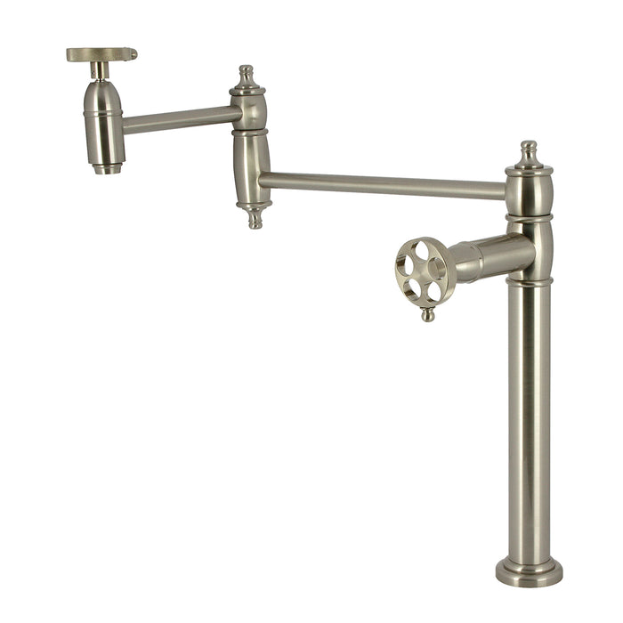 Kingston Tulare KS3708RKZ - Wendell Two-Handle 1-Hole Deck Mount Pot Filler Faucet with Knurled Handle, Brushed Nickel