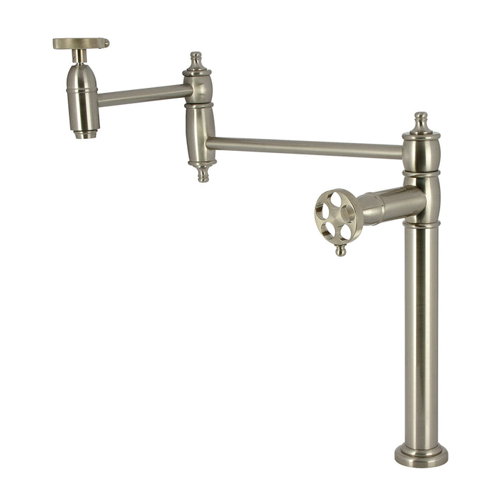 Wendell KS3708RKZ Two-Handle 1-Hole Deck Mount Pot Filler Faucet with Knurled Handle, Brushed Nickel