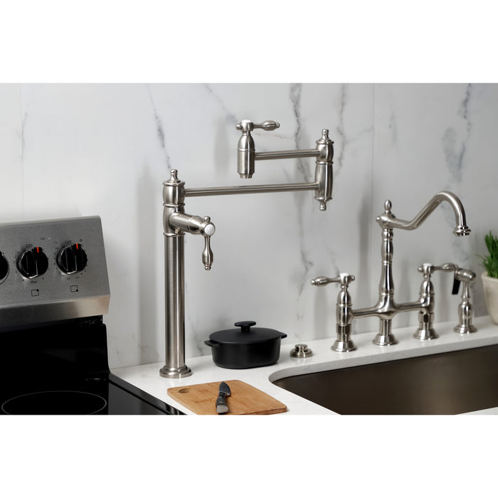 Kingston Heirloom KS3708TAL - Tudor Two-Handle 1-Hole Deck Mount Pot Filler Faucet, Brushed Nickel