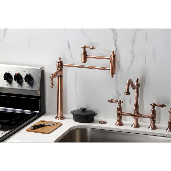 Kingston Heirloom KS370ALAC - Restoration Two-Handle 1-Hole Deck Mount Pot Filler Faucet, Antique Copper