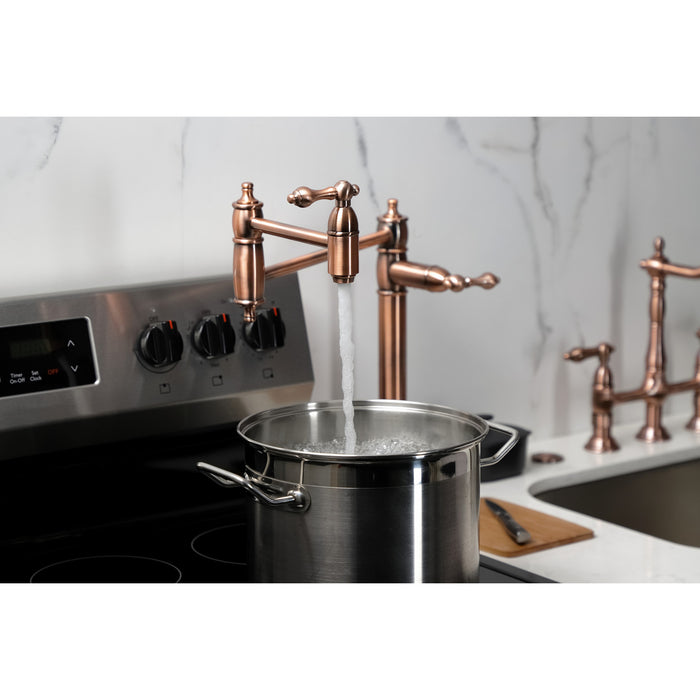 Kingston Heirloom KS370ALAC - Restoration Two-Handle 1-Hole Deck Mount Pot Filler Faucet, Antique Copper