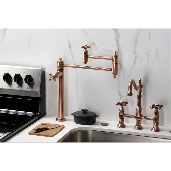 Kingston Heirloom KS370AXAC - Restoration Two-Handle 1-Hole Deck Mount Pot Filler Faucet, Antique Copper