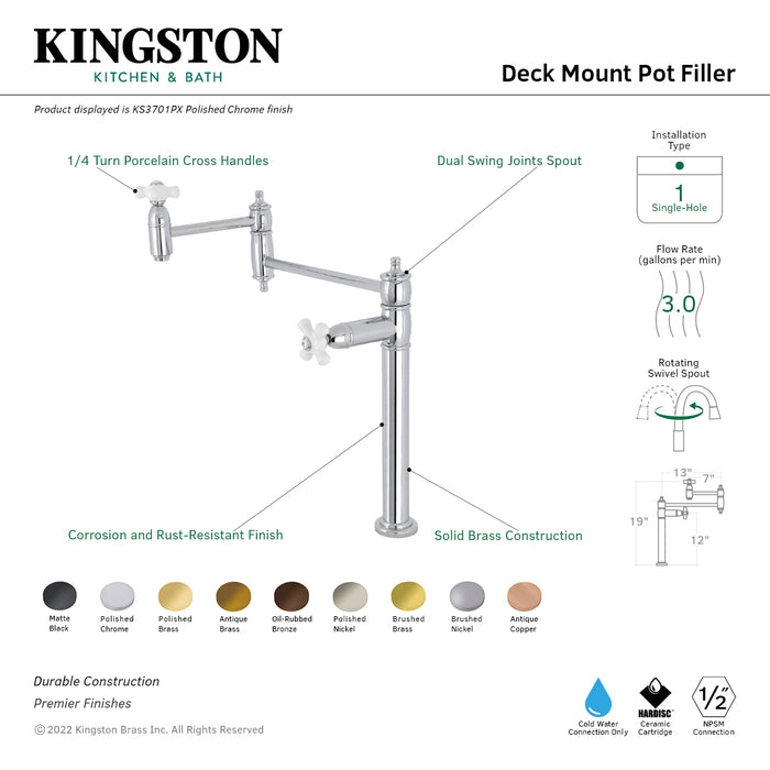 Kingston Heirloom KS370PXAC - Restoration Two-Handle 1-Hole Deck Mount Pot Filler Faucet, Antique Copper