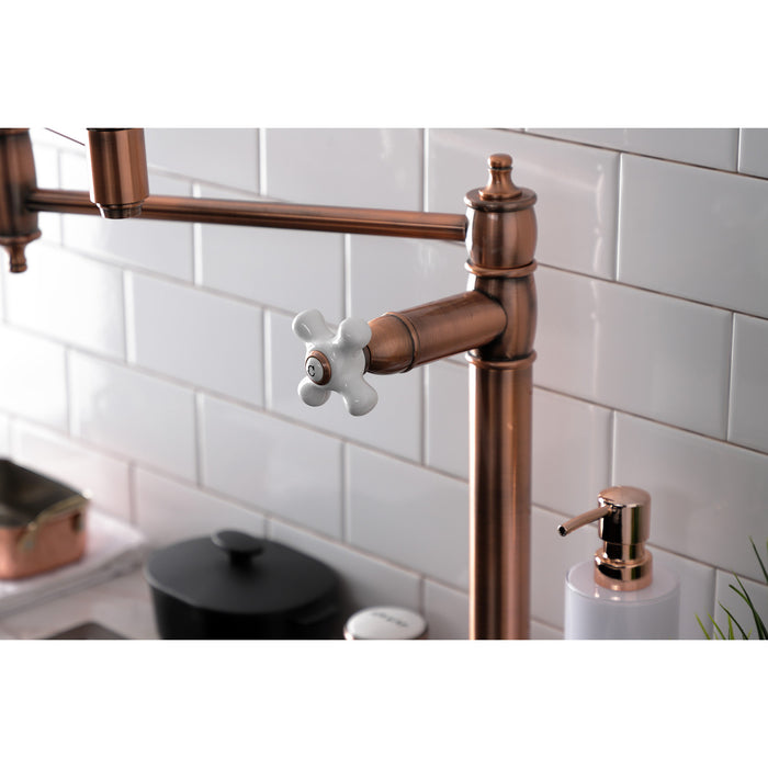 Kingston Heirloom KS370PXAC - Restoration Two-Handle 1-Hole Deck Mount Pot Filler Faucet, Antique Copper