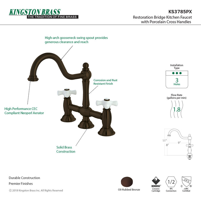 Kingston Heirloom KS3785PX - Restoration Two-Handle 3-Hole Deck Mount Bridge Kitchen Faucet, Oil Rubbed Bronze