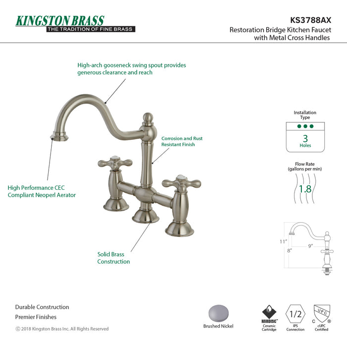 Kingston Heirloom KS3788AX - Restoration Two-Handle 3-Hole Deck Mount Bridge Kitchen Faucet, Brushed Nickel