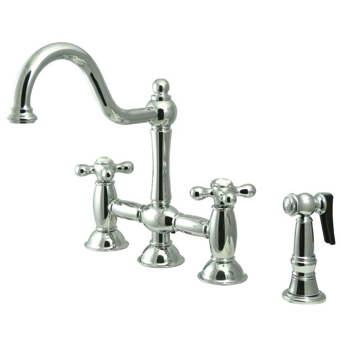 Kingston Heirloom KS3791AXBS - Restoration Two-Handle 4-Hole Deck Mount Bridge Kitchen Faucet with Brass Sprayer, Polished Chrome
