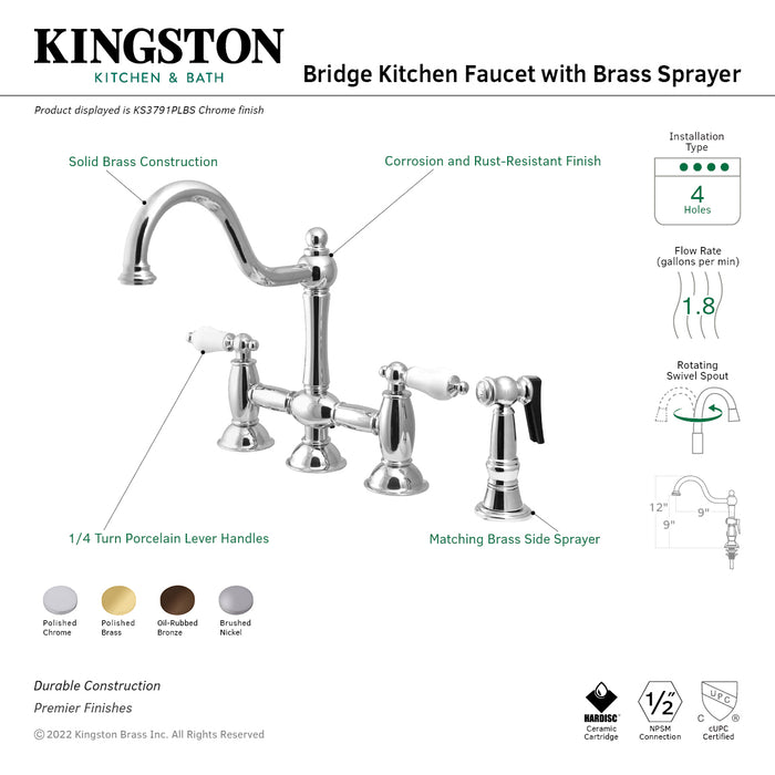 Kingston Heirloom KS3791PLBS - Restoration Two-Handle 4-Hole Deck Mount Bridge Kitchen Faucet with Brass Sprayer, Polished Chrome