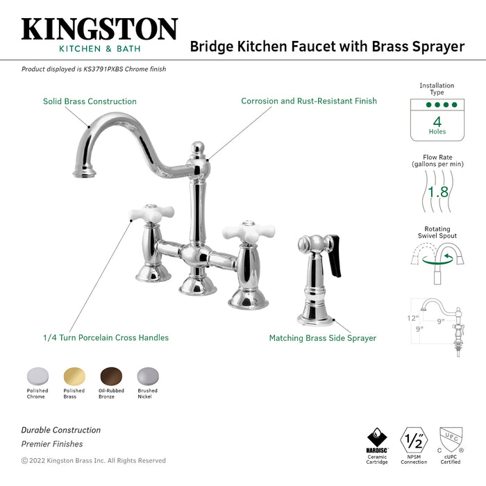 Kingston Heirloom KS3791PXBS - Restoration Two-Handle 4-Hole Deck Mount Bridge Kitchen Faucet with Brass Sprayer, Polished Chrome