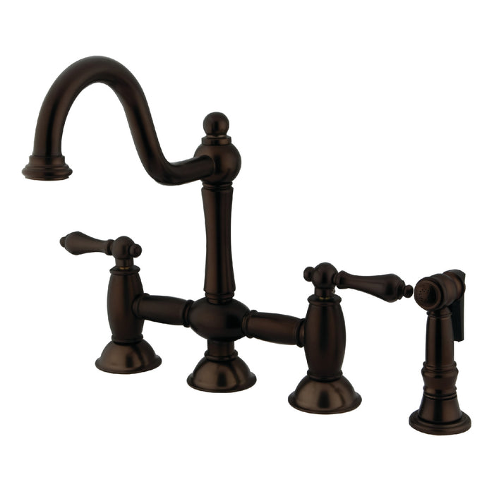 Kingston Heirloom KS3795ALBS - Restoration Two-Handle 4-Hole Deck Mount Bridge Kitchen Faucet with Brass Sprayer, Oil Rubbed Bronze