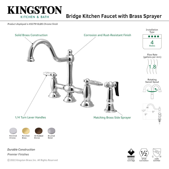 Kingston Heirloom KS3798GLBS - Restoration Two-Handle 4-Hole Deck Mount Bridge Kitchen Faucet with Brass Sprayer, Brushed Nickel