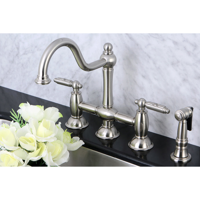 Kingston Heirloom KS3798GLBS - Restoration Two-Handle 4-Hole Deck Mount Bridge Kitchen Faucet with Brass Sprayer, Brushed Nickel