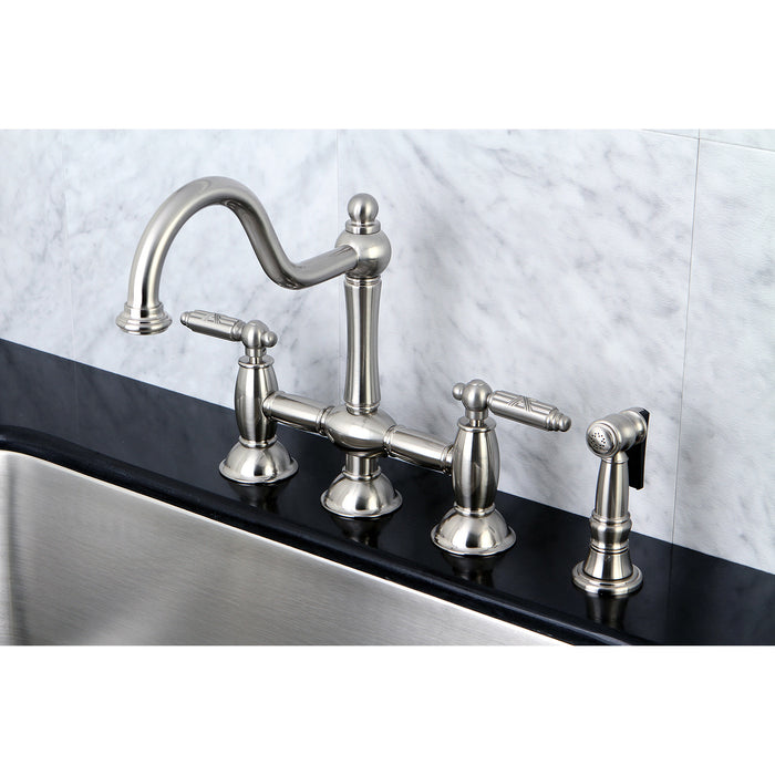 Kingston Heirloom KS3798GLBS - Restoration Two-Handle 4-Hole Deck Mount Bridge Kitchen Faucet with Brass Sprayer, Brushed Nickel