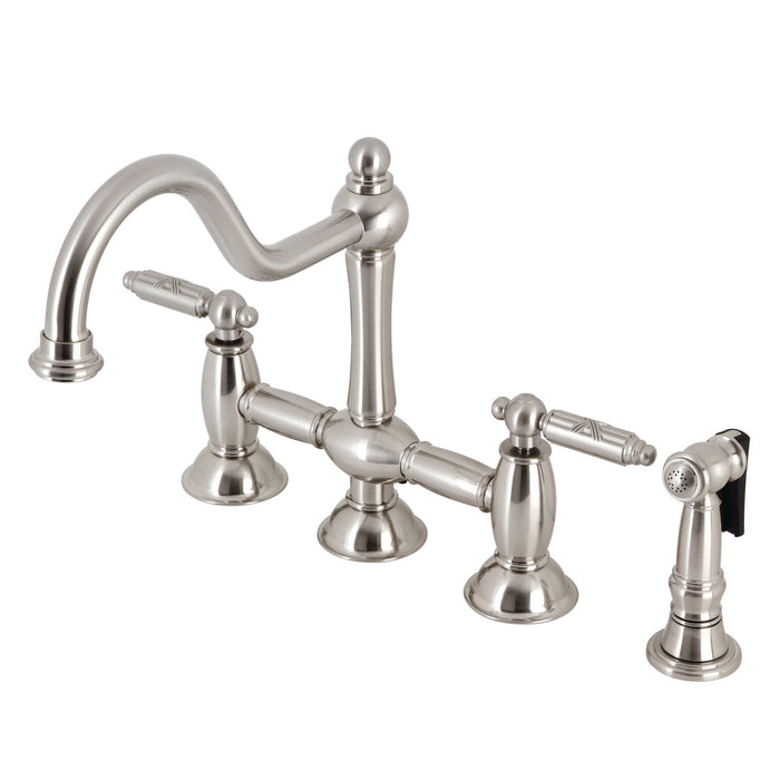 Kingston Heirloom KS3798GLBS - Restoration Two-Handle 4-Hole Deck Mount Bridge Kitchen Faucet with Brass Sprayer, Brushed Nickel