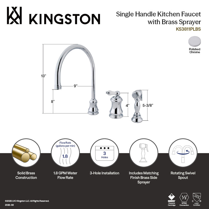 Kingston Tulare KS3811PLBS - Restoration Single-Handle 3-Hole Widespread Kitchen Faucet with Brass Sprayer, Polished Chrome